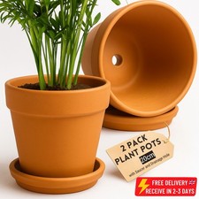 2x Terracotta Plant Pots w/ Saucer & Drainage Hole Indoor Outdoor FREE DELIVERY
