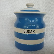 T.G. Green Cornishware Blue & White Lidded Sugar Storage Jar Black Shield Mark