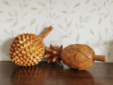 2  Carved Wooden Small Fruit Ornaments Shelf Sitters Pineapple & Durian