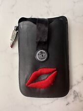 Lulu Guineas Vintage Black Leather Phone Case w Lipstick Charm Lips Embroidery 