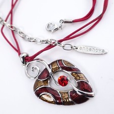 Annanova Enamel Swirl Pendant Necklace Dark Red Silver Tone Boho Modern Artsy