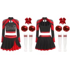 Women Cheerleading Costume Long Sleeve Crop Top with Pleated Skirt Accessories
