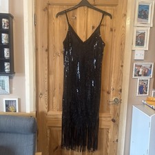 Boohoo Black Midi Dress with sequins fringed 1920 style Sleeves Size 16. 