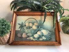 Vintage Wooden Tray With Decorative Still Life Print Base Fruits