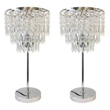 Set of 2 Chrome Table Lamp Bedside Lights With Acrylic Crystal Jewelled Shades
