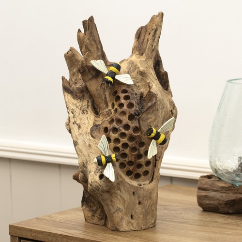 Teak root bee hotel - bee, sculpture