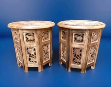 PAIR ANGLO INDIAN SIDE TABLES FOLD UP HAND CARVED VINTAGE MANGO WOOD BEDSIDE