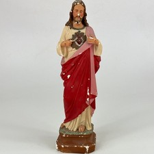 Vintage French Religious Sacred Heart Of Jesus Handpainted Plaster Statue Figure