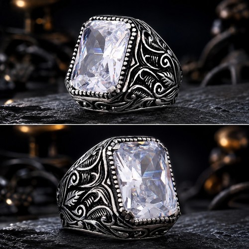 White zircon signet - signet, men's