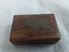 Vintage Elephant Brass & Wood Match Holder Case 2.25"×1.75"×0.75"