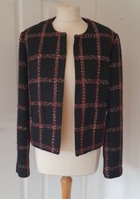 Women's M&S Boucle Open Jacket Black/Red/Silver Check Lined, 4 Pockets - Size 14