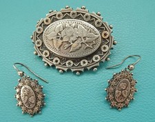 ANTIQUE VICTORIAN SILVER BROOCH & EARRINGS SET Demi Parure 1880 ORNATE DESGIN