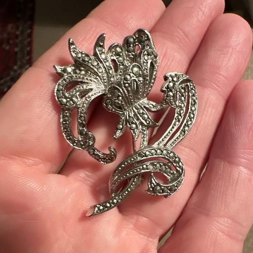 Silver marcasite flower brooch - silver,