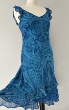 Phool Blue Batik Swirl Ruffle Layered Frill Bias Midi 90s 80s Dress 12 Vintage