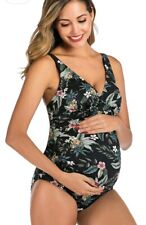 Womens Black Floral Maternity Swimming Costume Swimsuit Medium UK 10 Pregnancy