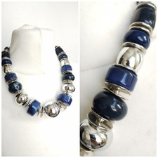 Chunky Blue, Silver Tone Mixed Beads Statement Necklace
