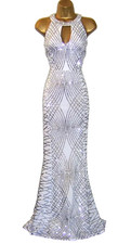 QUIZ WHITE SILVER SEQUIN EVENING PARTY PROM OCCASION MAXI DRESS SIZE 8 GOWN