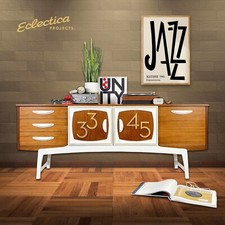 Vintage Mid Century Stonehill Teak Sideboard Record Cabinet with Vinyl design