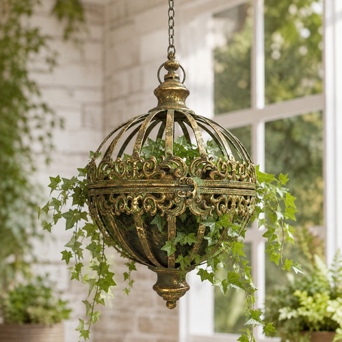 Gold metal hanging orb planter - metal,