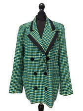 Vintage ESCADA By MARGRETHA LEY Green Navy Check Double Breasted Blazer 40 D38 