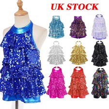 UK Girls Sequins Jazz Dance Costumes Ballet Modern Halter Leotard Latin Dress