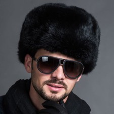Mens Ushanka Winter Warm Faux Raccoon Fur Plush Russian Cossack Trapper Hat New