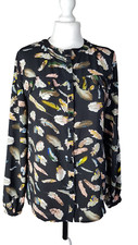 SUGARHILL BOUTIQUE feathers pattern black crepe SIZE 14 blouse shirt