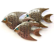 Large 3" School Shoal of Silver Fish Brooch Vintage Art Deco Style Pendant Pin