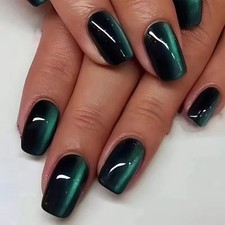 False Press-on nails Medium Long Square Green Cat Eye 24pcs + nail tabs BN1292