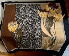 Aquascutum Vintage 100% Silk Square Gold Brown Tulip Scarf Floral Made in Italy