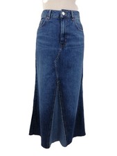 M&S Women's Skirt Mid Blue Denim Maxi A-line Insert Panel Zip New F1
