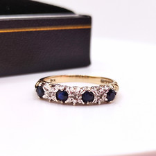 9ct Gold Diamond and Sapphire Half Eternity Ring - UK Hallmarked - Ring Size M