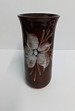 Tenby Pottery Vase Studio Pottery Brown Gloss Glaze Flower Design 14cm tall