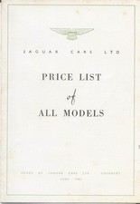 Jaguar Original UK Price List 1962 June Mk Ten 3.8 3.4 2.4 E Type