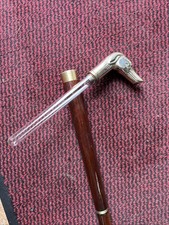 Antique Gadget Walking Stick, Glass Drinks Flask. Hardwood & Brass Dogs Head