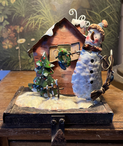 Vintage snowman metal mantel - metal,
