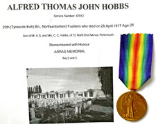 1st W.W.VICTORY MEDAL PTE.A.T.J.HOBBS TYNSIDE IRISH NORTH'D.FUS.K-I-A  28-4-1918