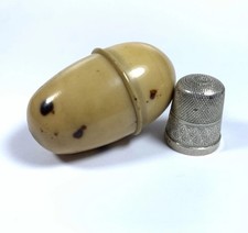 Antique Tagua Nut Sewing Thimble Case Egg Shape + Sterling Silver Thimble
