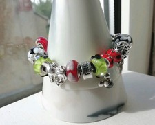 Ladies Chamilia 925 Silver Mickey Mouse Red/Green/Black/White 16 Charm Bracelet