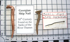 Georgian period ship building nails, cleaned, and medieval pin found in Thames