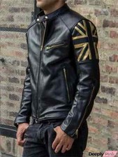 Mens Vintage Motorcycle Cafe Racer Biker Black Union Jack UK Flag Leather Jacket