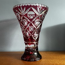 Vintage Bohemian Czech Cut To Clear Cranberry   Red Crystal Glass Vase 24.5cm
