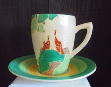 A Clarice Cliff Lynton shape coffee cup & saucer in SECRETS pattern.