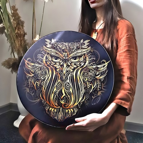 Owl round drum handmade - owl,