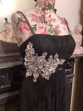 French Designer Sagaie Black Lace Diamanté Evening Prom Dress Size 3 UK 12/14