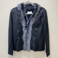 Minuet Black Leather Jacket Faux Fur Collar Trim Women’s Size M Made in UK