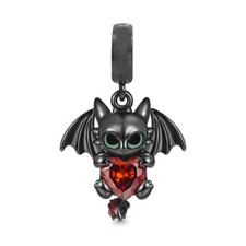 Black Dragon Red Crystal Heart Toothless Beast Dangle Charm Sterling Silver 925 