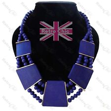 DARK BLUE gold fashion BIG STATEMENT NECKLACE wood BOHO beaded COLLAR Forever 21