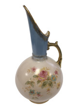Vintage Jersey Late Mayers Floral Ceramic Ewer Vase Gold Handle Blue Neck Deco