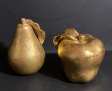 Set of 2 Vintage Golden Gilded Ceramic Pear & Apple 4" ART DECO Gold Large